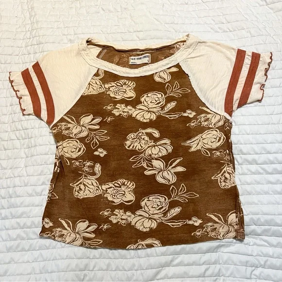We The Free Brown and Cream Floral Short Sleeve Top S - Picture 3 of 9